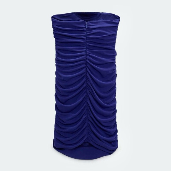 Zara NWT 3D Blue flower appliqué mini ruched strapless dress with cutout details - Picture 4 of 16